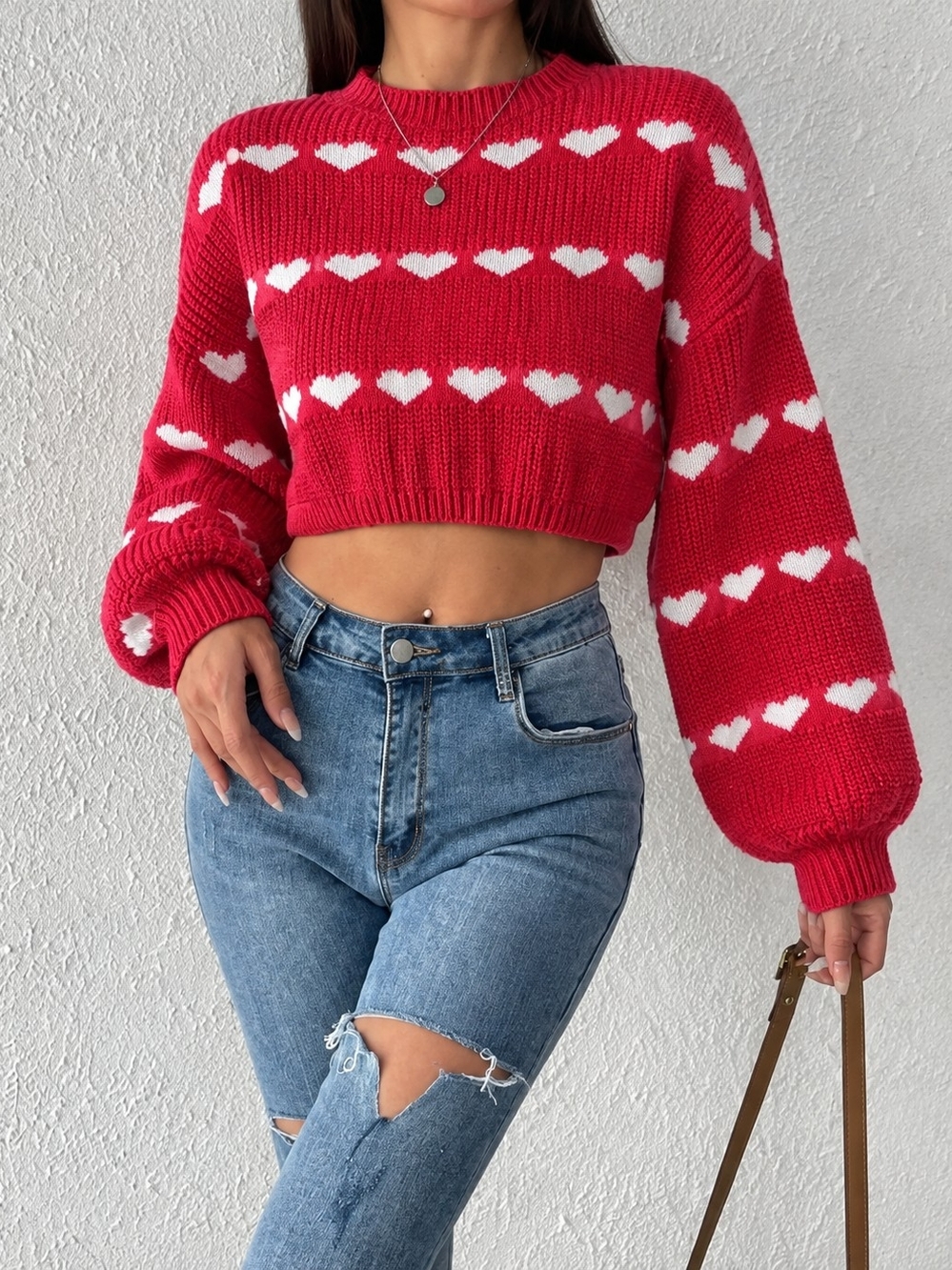 Shein Red With White Heart Pattern Cropped Sweater